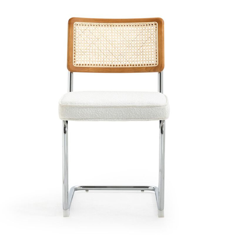 Glamour Home Set of 2 White Boucle Fabric Dining Chair Rattan Backrest and Chrome Legs