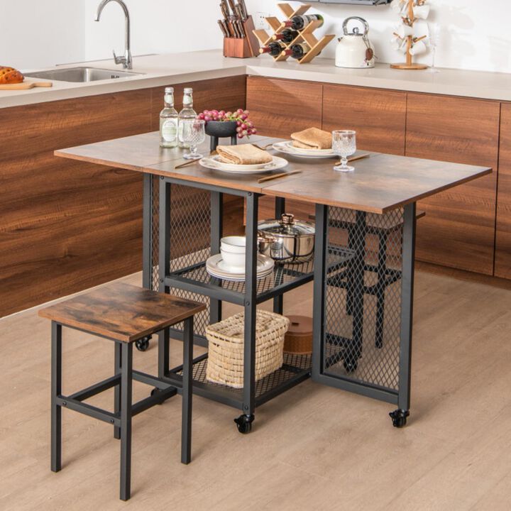 Hivvago Drop Leaf Expandable Dining Table Set with Lockable Wheels-Brown