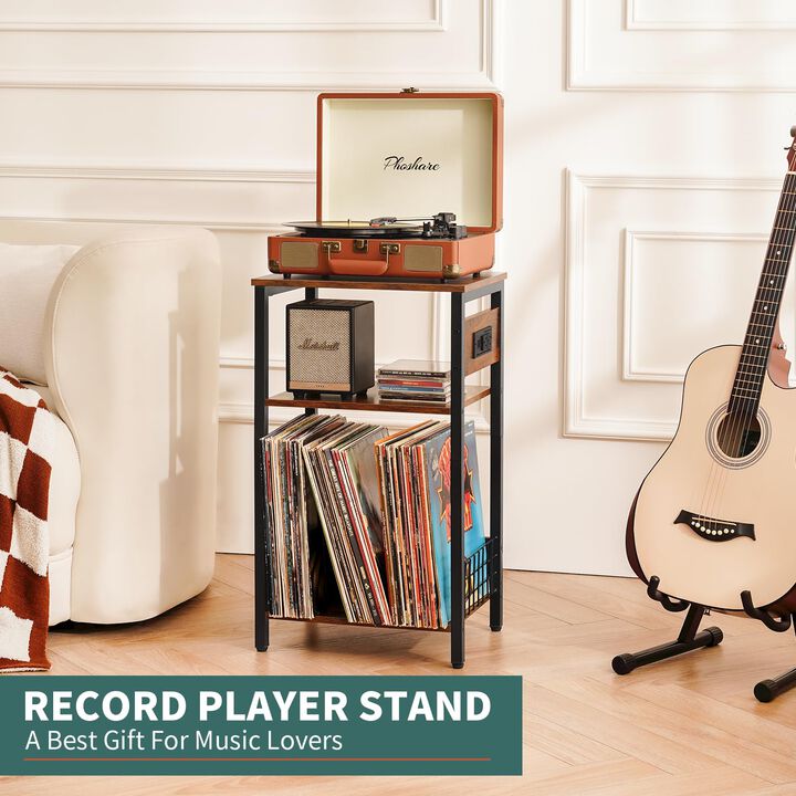 Yoobure Side Table - Night Stand with Charger Station & LED Light, 3 Tier Small End Table Living Room, Bedside Table with Drawer