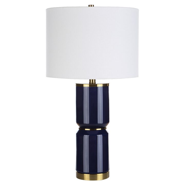 26 Inch Modern Table Lamp, Hardback Linen Shade, Ceramic Body, Blue, Gold-Benzara
