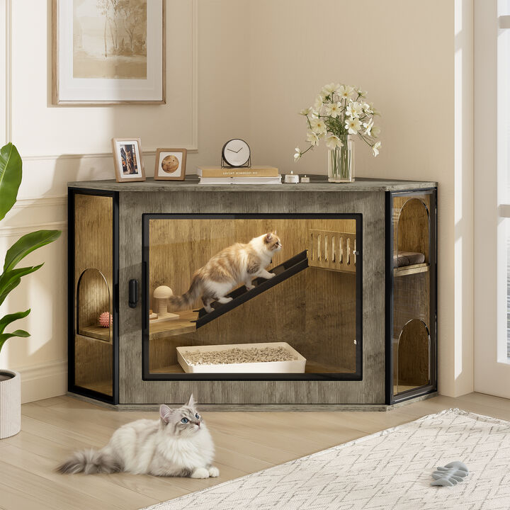 Whisen 48" Pet Furniture, Corner Cat Litter Enclosure, Acrylic & MDF Hidden Cabinet with LED Light, Cat House with Playground