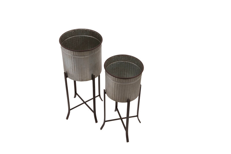 2‑Piece Round Corrugated Metal Planters on Stands, Silver and Black image number 4