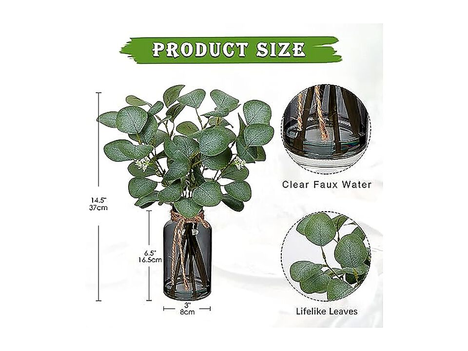 Artificial Eucalyptus Stems In Black Glass Vase Faux Water 14 Plants Leaves