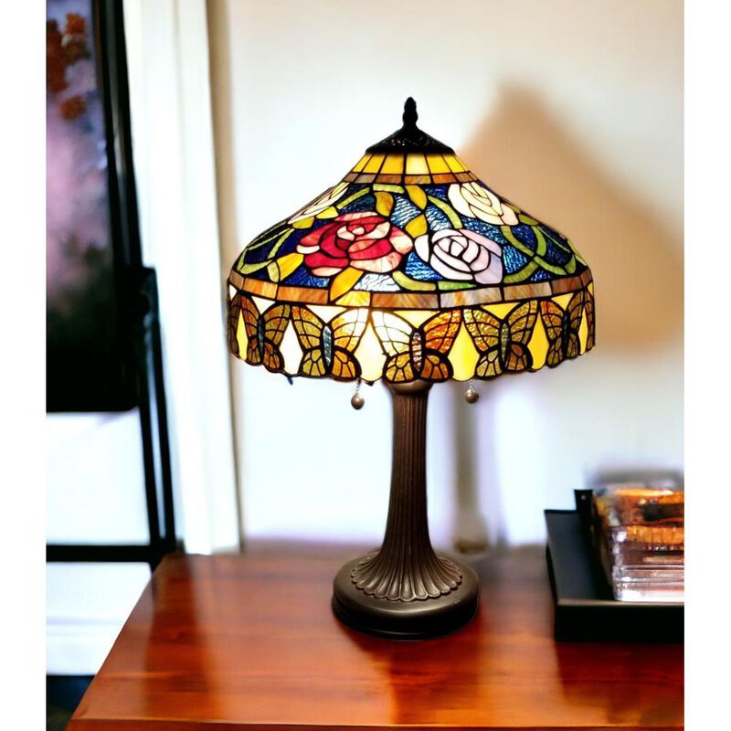 Hivvago 23" Dark Brown Metal Two Light Candlestick Table Lamp With Red and Black Shade