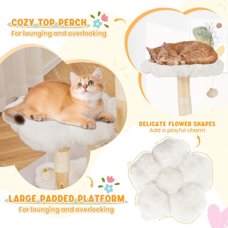 Hivvago Cute Solid Wood Cat Tree Natural Branch Modern Flower Cat Tower with Sisal Scratching Posts
