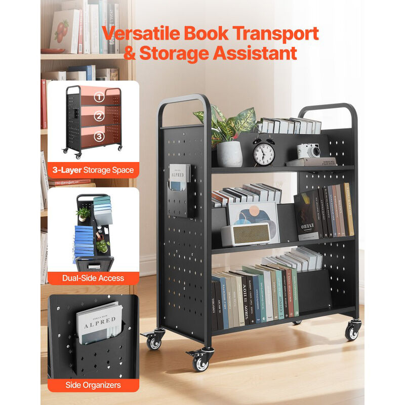 Single-Sided Rolling Book Cart with Lockable Wheels, Library Shelf for School & Office image number 3