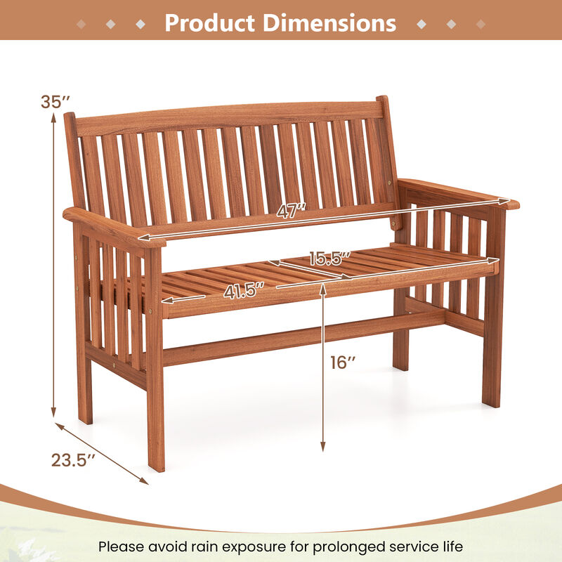 2-Person Outdoor Patio Park Bench with Backrest, Armrests, and Slatted Seat-Natural image number 2