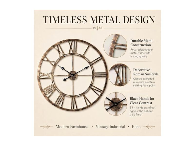 Gold Metal Skeleton Classic Style Wall Clock 5 Inch Silent Non Ticking Easy Read image number 3