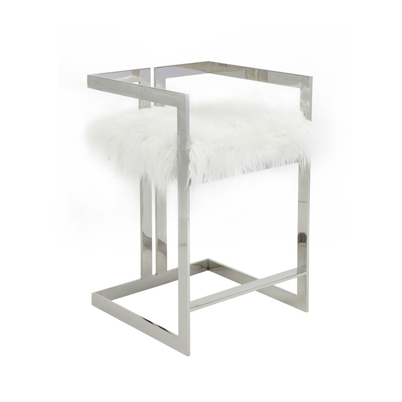 Suki 26 Inch Counter Stool Chair, White Faux Fur, Silver Stainless Steel - Benzara