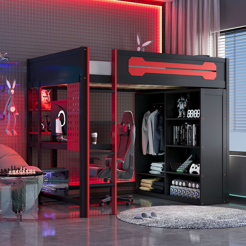 Merax Full Size Gaming Loft Bed with Desk, Wardrobe & RGB Lights image number 2