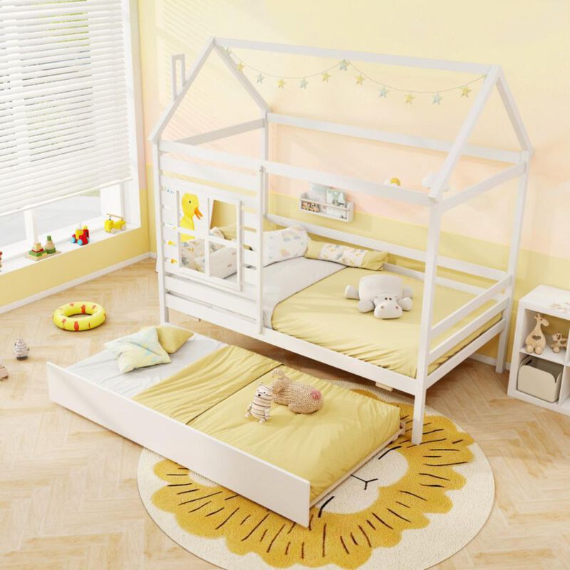 Hivvago Twin Size Wooden Platform House Bed with Trundle and Roof