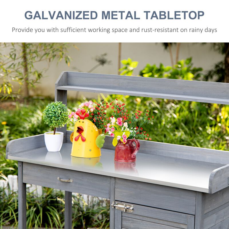 Potting Bench Table with Storage Cabinet and Open Shelf, Garden Planting Workstation with Steel Tabletop, Grey image number 4