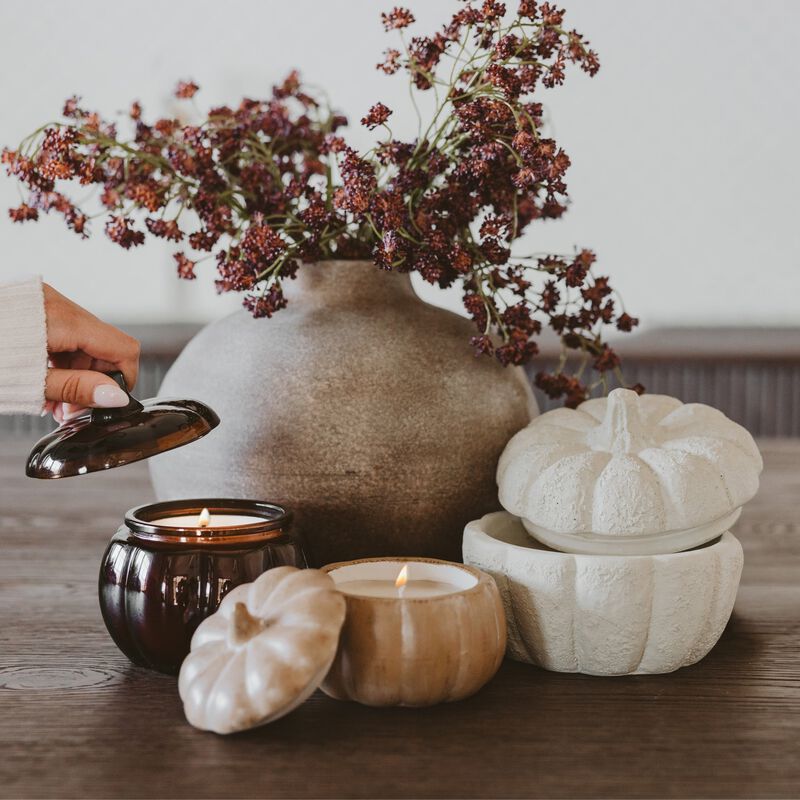 Sweet Water Decor Cashmere and Vanilla 13 oz Soy Candle, Cement Pumpkin Jar image number 2