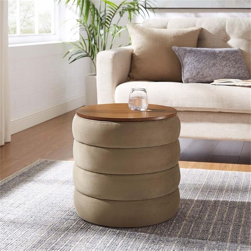 Modway Mezzo Round Performance Velvet Storage Ottoman Stool in Taupe - Channel Tufted Ottoman - Upholstered Footrest - Versatile End or Side Table with Storage image number 8