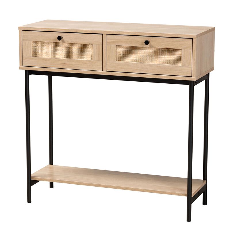 Baxton Studio Sherwin Light Brown And Black 2 Drawer Console Table With Woven Rattan Accent