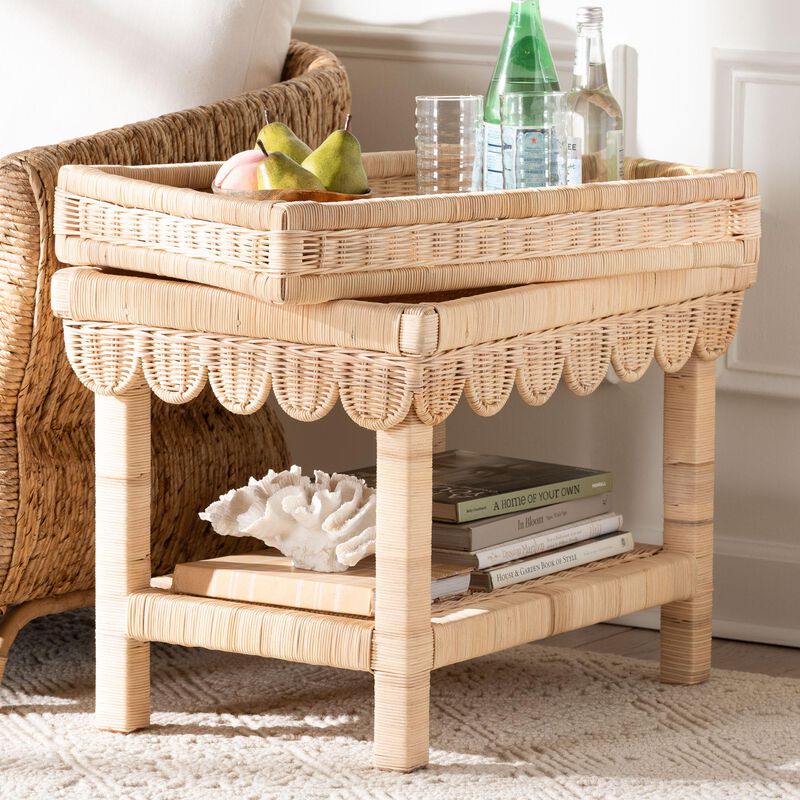 bali & pari Weyman Scalloped Rattan End Table with Removable Tray Top - Handwoven Rattan Accent Table with Shelf, Coastal Boho Style Side Table for Living Room or Bedroom