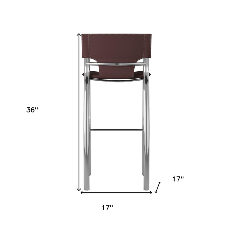 HomeRoots Set of Two 25" Brown and Silver Faux Leather and Metal Low Back Counter Height Bar Chairs image number 5