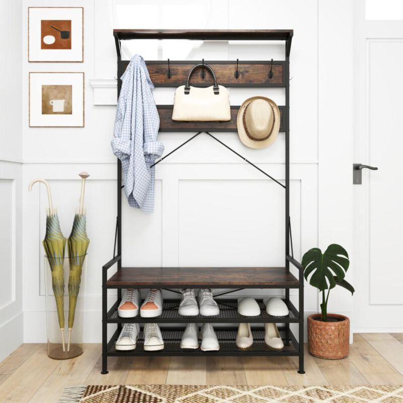 Hivvago Coat Rack 4-In-1 Hall Tree with 11 Hanging Hooks Shoe Bench