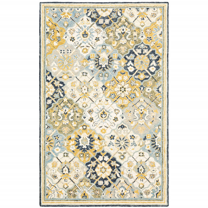 5 X 8 Blue green gold Navy And Ivory geometric Tufted Handmade Stain Resistant Area Rug