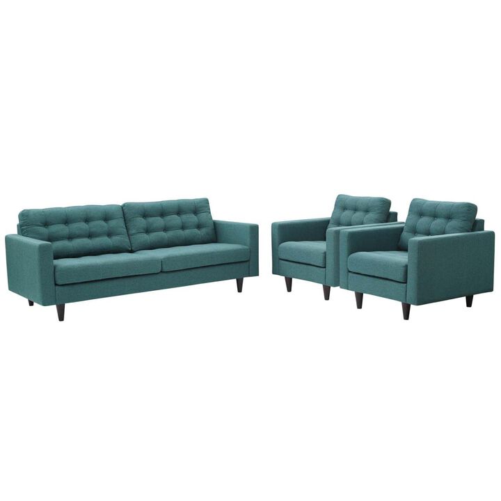 Modway Empress Mid-Century Modern Upholstered Fabric Sofa and Two Armchair Set in Teal