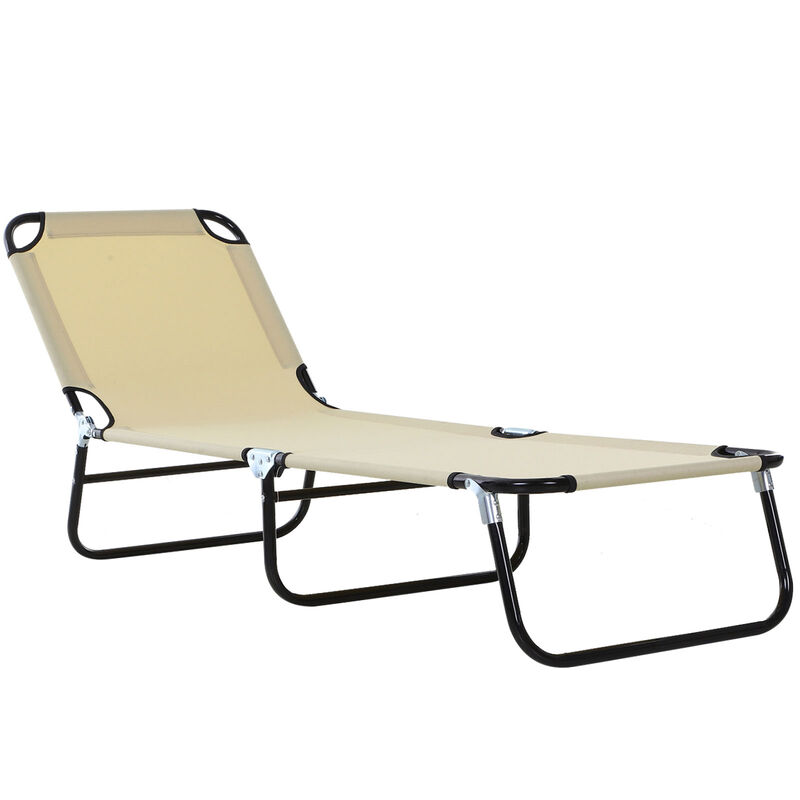 Outsunny Folding Chaise Lounge Pool Chair, Outdoor Sun Tanning Chair with Pillow, 5-Level Reclining Back, Steel Frame & Breathable Mesh for Beach, Yard, Patio, Beige