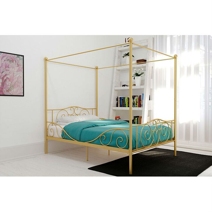 Full size Heavy Duty Metal Canopy Bed Frame in Gold Finish