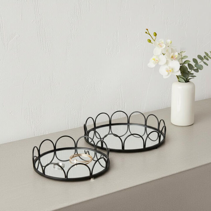 HomeRoots Set of Two Black And Silver Metal And Mirrored Glass Round Vanity Trays