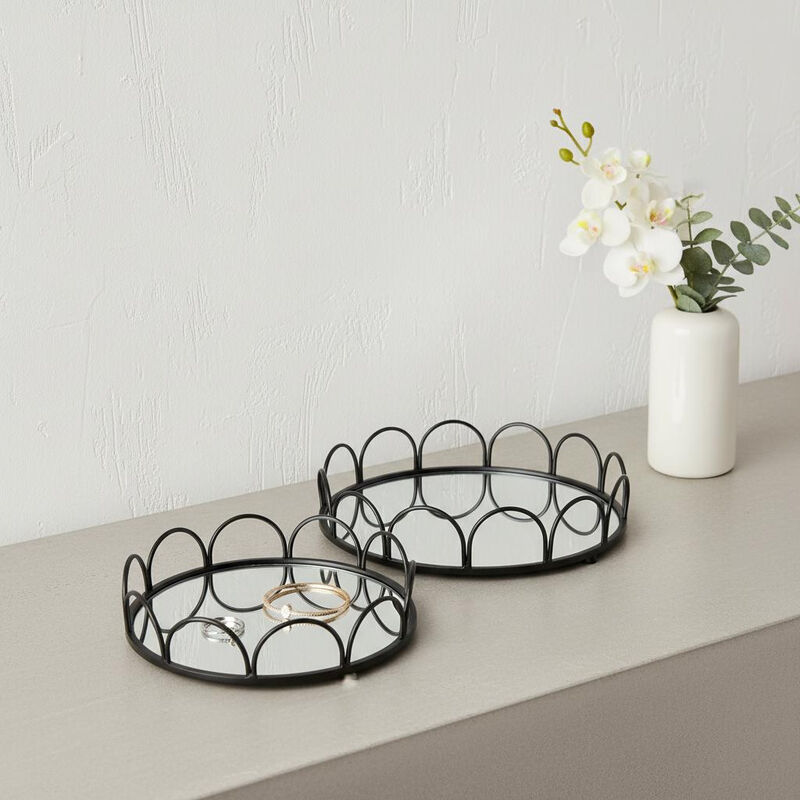HomeRoots Set of Two Black And Silver Metal And Mirrored Glass Round Vanity Trays image number 1