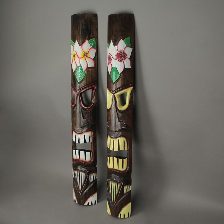 Hand Crafted Wooden Plumeria Flower Tropical Tiki Wall Masks 39 Inch Set of 2