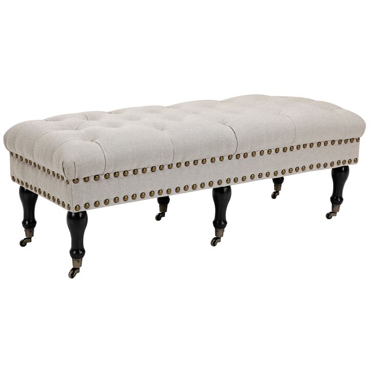 Mobile Upholstered Bench Rolling Button-Tufted Fabric Accent Ottoman with Nailhead Trim & Wheels, Beige