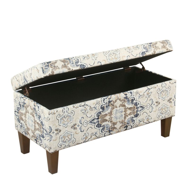 Medallion Print Fabric Upholstered Wooden Bench With Hinged Storage, Large, Brown and Cream - Benzara