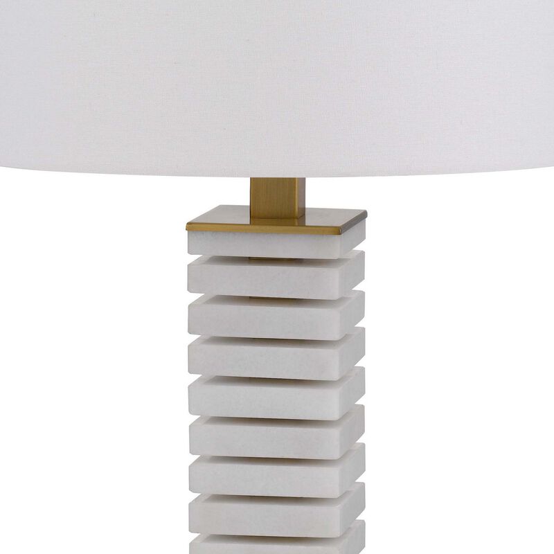 28 Inch Table Lamp, White Drum Hardback, Marble and Antique Brass Finish - Benzara