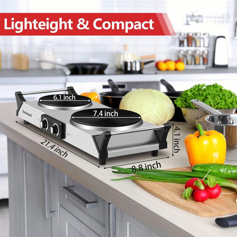 Techwood 1800W Stainless Steel Dual Hot Plate with Stay Cool Handles, Stainless Steel image number 2