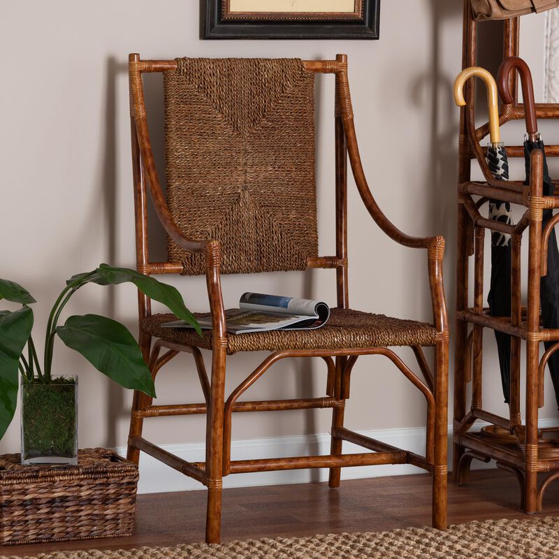 bali & pari Ramos Marbled Tortoise Natural Rattan and Seagrass Armchair - Handwoven Wicker Chair, Rustic Boho Accent Seating for Living Room or Lounge image number 1