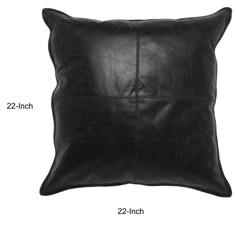 Norm 22 Inch Square Leather Decorative Throw Pillow, Stitched, Black - Benzara