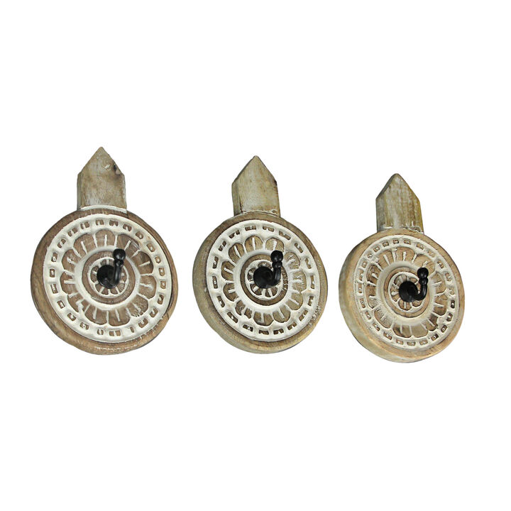 Set of 3 Hand Carved Wooden Wall Hooks Decorative Floral Coat Towel Hanging Art