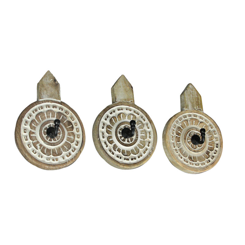 Set of 3 Hand Carved Wooden Wall Hooks Decorative Floral Coat Towel Hanging Art image number 0