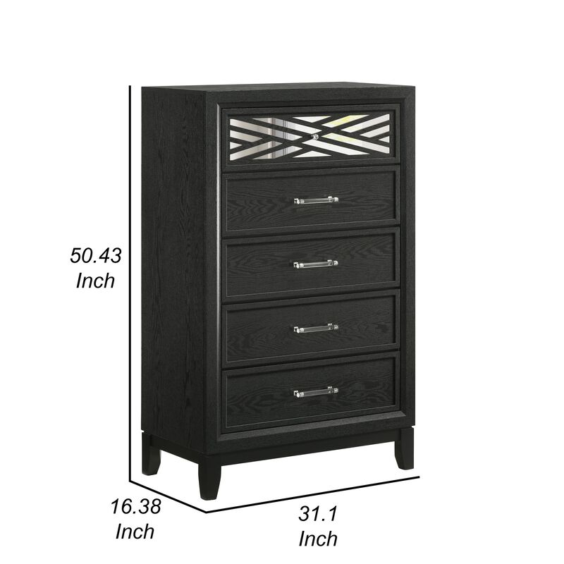 Kira 50 Inch Tall Dresser Chest, 5 Dovetail Drawers, Black Rubberwood - Benzara