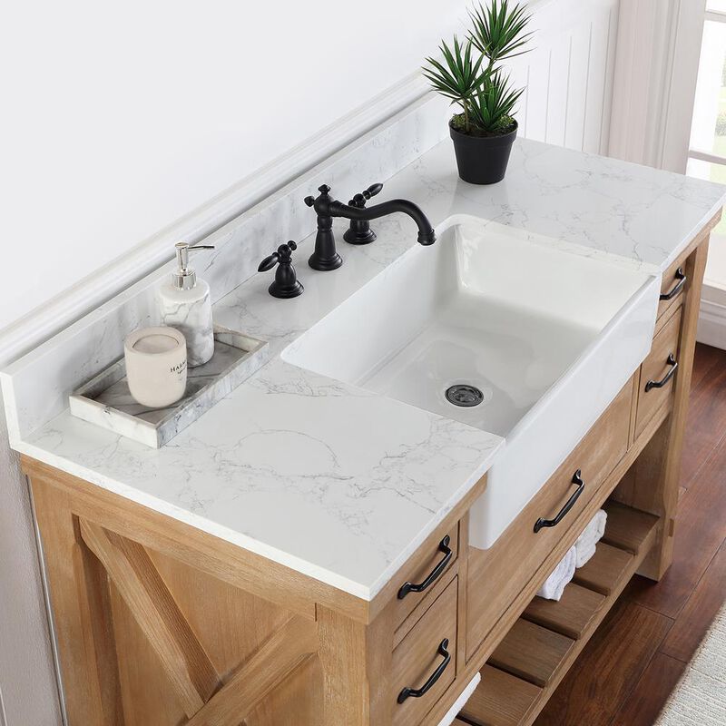 Vinnova Design Single Bath Vanity with Composite Stone Top, White Farmhouse Basin