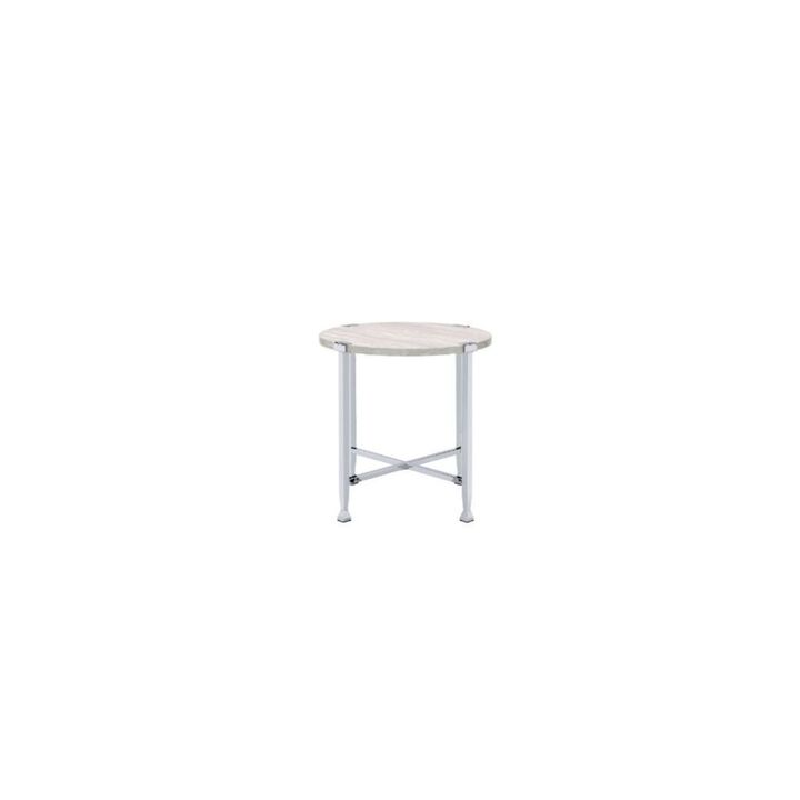 Homezia 24" Chrome And White Oak Manufactured Wood And Metal Round End Table