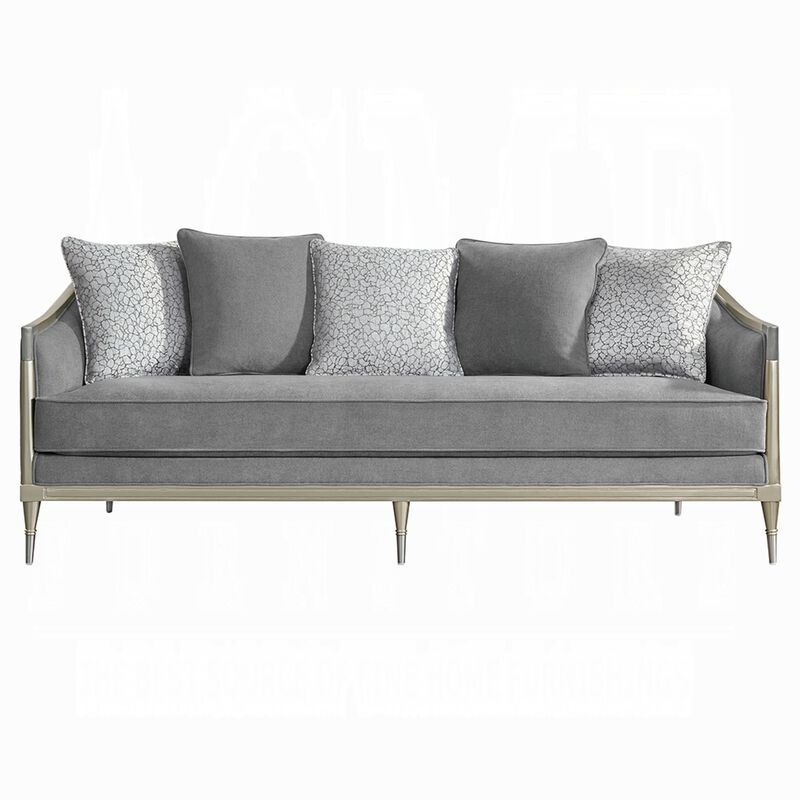 Fero Sofa with 5 Pillows, Gray Chenille, Champagne Wood Trim, 87 Inch image number 2