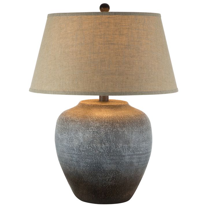 Buen 28 Inch Hydrocal Table Lamp, Drum Shade, Urn Base, Gray Rust Frost - Benzara