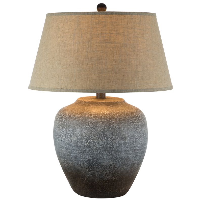 Buen 28 Inch Hydrocal Table Lamp, Drum Shade, Urn Base, Gray Rust Frost - Benzara
