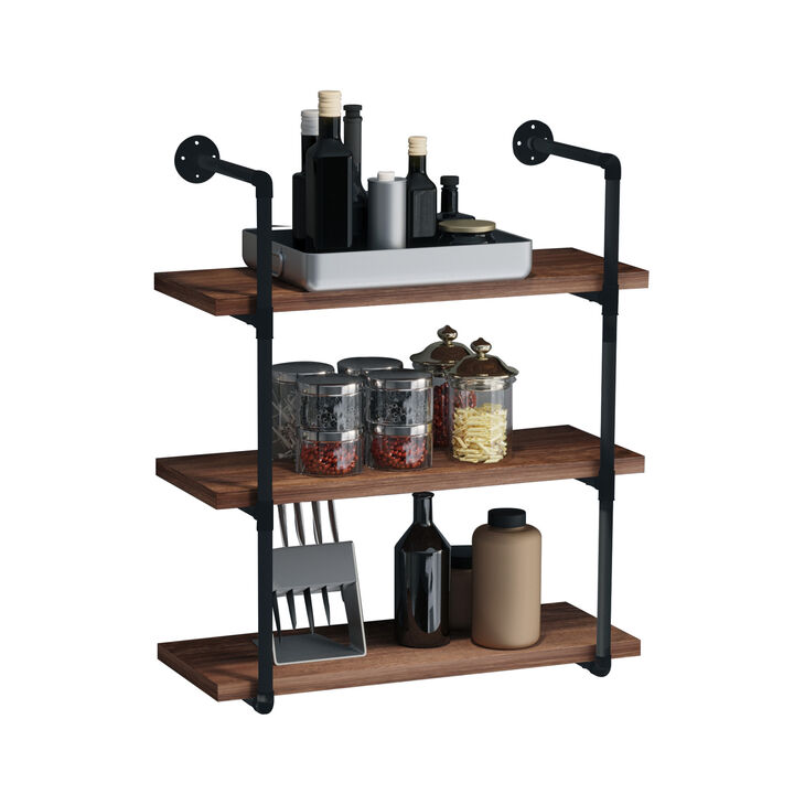HOMCOM 3-Tier Industrial Pipe Shelves, Floating Wall Mounted Bookshelf, Metal Frame Display Rack for Living Room or Bedroom, Rustic Brown