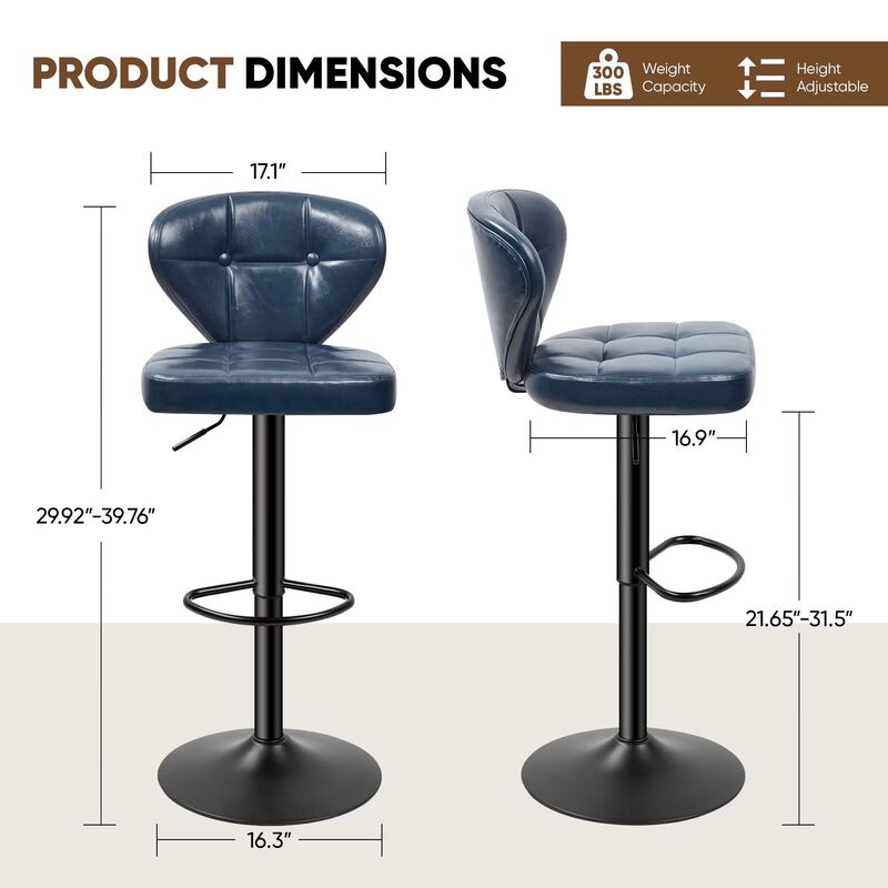 PU Leather Swivel Bar Stools Set of 2, Modern Hydraulic Adjustable Counter Height Stools, Steady Water Resistant Iron Frame 360&deg; Kitchen Island Chairs image number 5