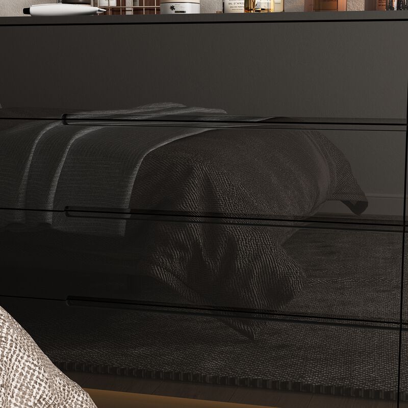 Black 8-Drawer 63 in. W Wood Double Dresser Chest of Drawers Bedroom Storage Organizer in With High Gloss and LED Lights