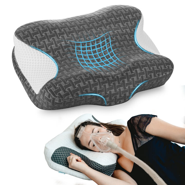 Elviros Cervical Neck CPAP Pillow for Sleeping, Ergonomic Adjustable Height Neck Support Memory Foam Bed Pillow for CPAP Users with Sleep Apnea, Suitable for Side and Back Sleepers