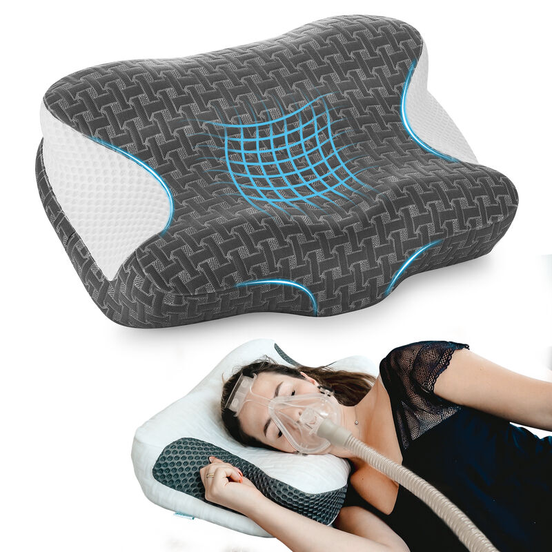 Elviros Cervical Neck CPAP Pillow for Sleeping, Ergonomic Adjustable Height Neck Support Memory Foam Bed Pillow for CPAP Users with Sleep Apnea, Suitable for Side and Back Sleepers