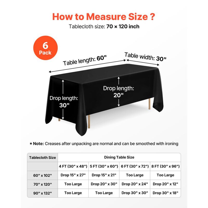 6 Pack Rectangle Tablecloths, Reusable Wrinkle-Resistant Polyester Table Covers for Weddings & Parties-Black image number 2