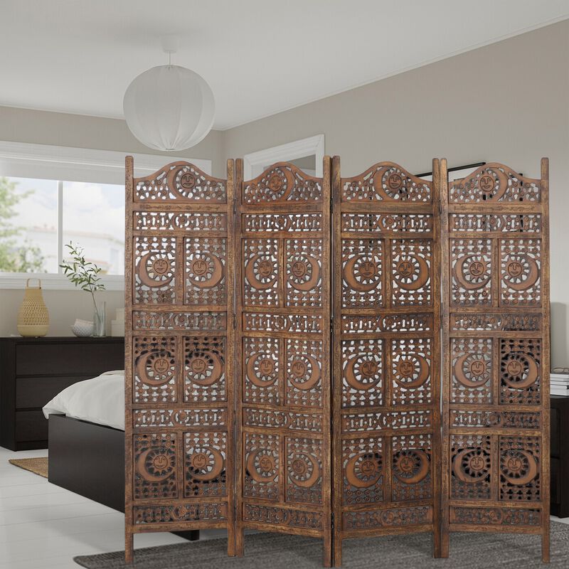 71 Inch 4 Panel Mango Wood Room Divider, Hand Carved, Sun & Moon Design, Brown-Benzara